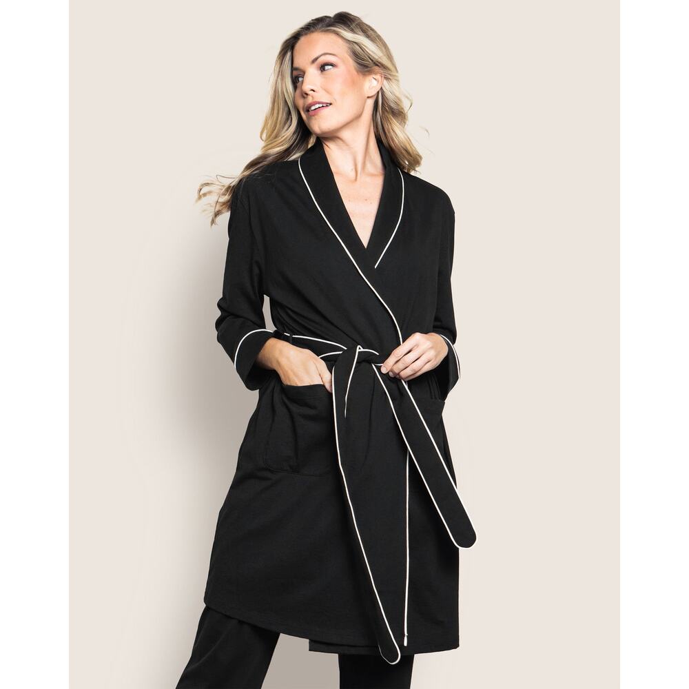 NWT Petite Plume Women’s 100% Pima Cotton Robe Black Large Tie Pockets $138